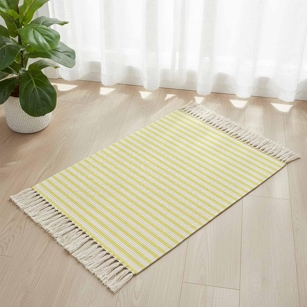 Minimalist Lemon Yellow Striped Runner Rug with Tassel Modern Art Vertical Line Print Entryway Rugs Washable
