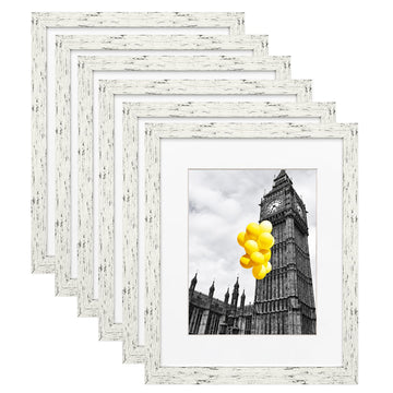 12x16 Picture Frame with Mat Distressed White, Country Rustic Style Photo Frame Set of 6 with Removable 8.5 x 11 Mat