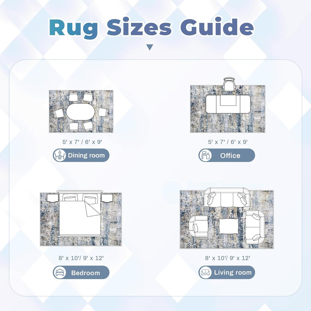 Area Rugs 9x12 for Living Room: Washable Rug Modern Abstract Neutral Soft Non-Slip Low-Pile Indoor L