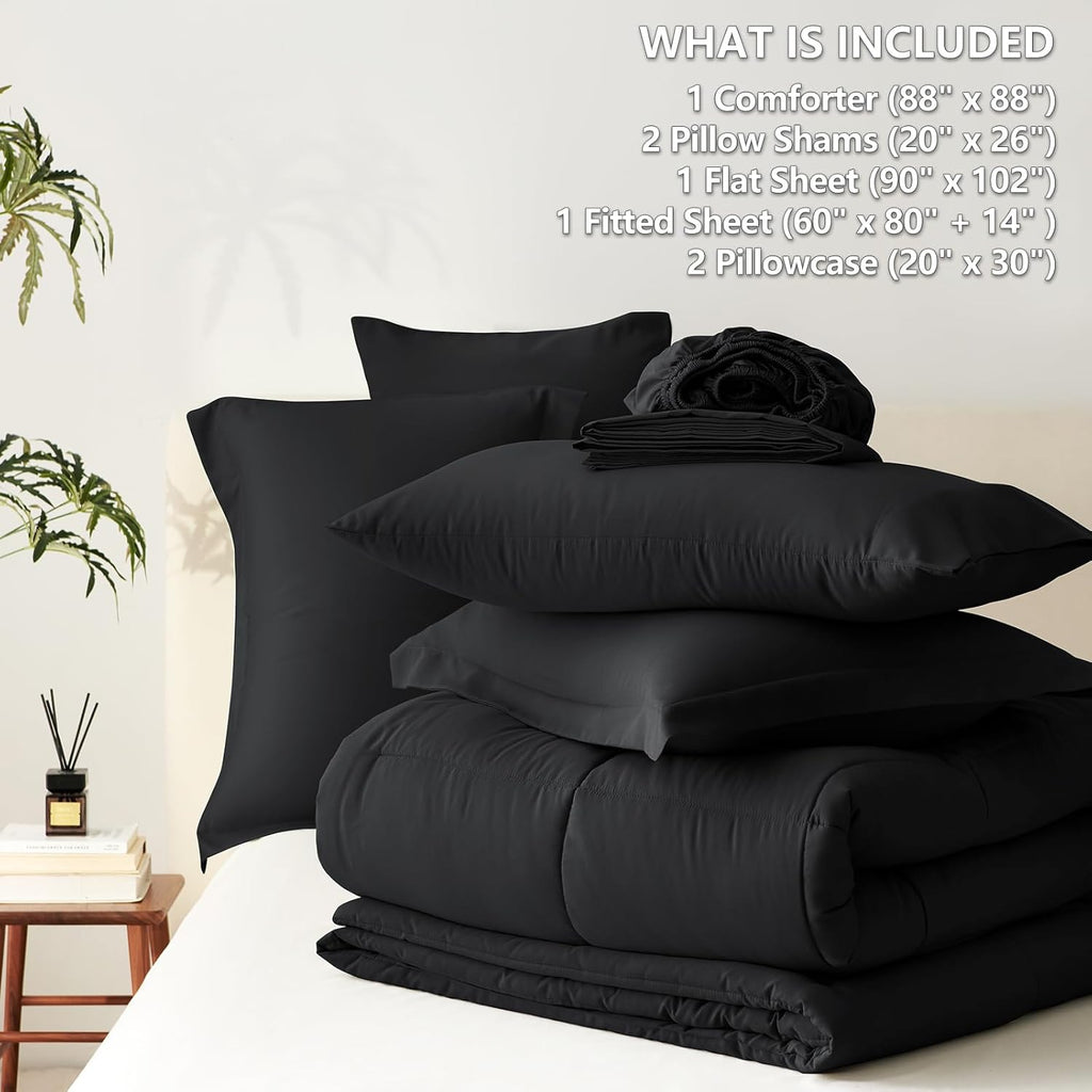 Queen Comforter Set Black - 7 Pieces Bed in a Bag Queen, All Season Soft Bedding Set