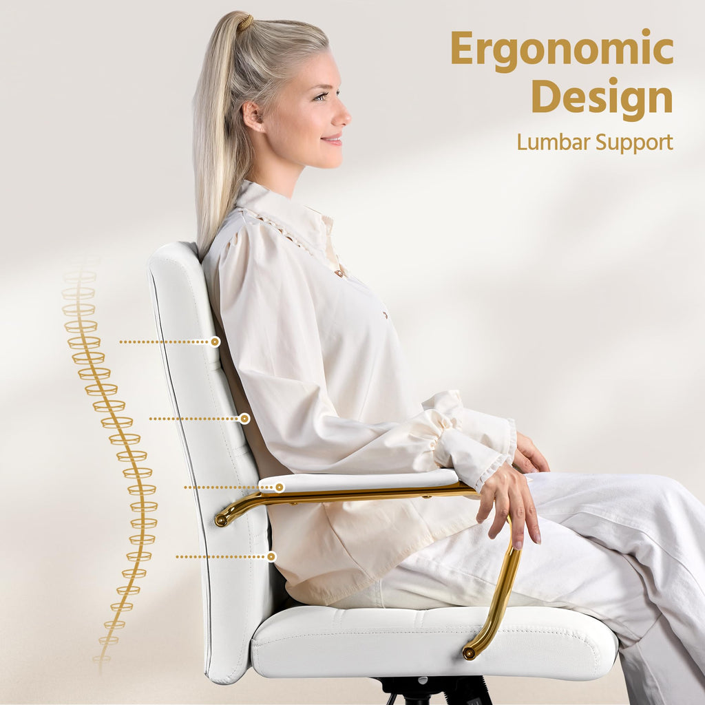 White and Gold Executive Office Chair Mid Back PU Leather Swivel
