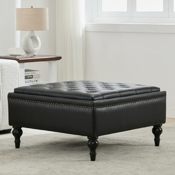 Square Ottoman Coffee Table, Large Leather Ottoman with Storage