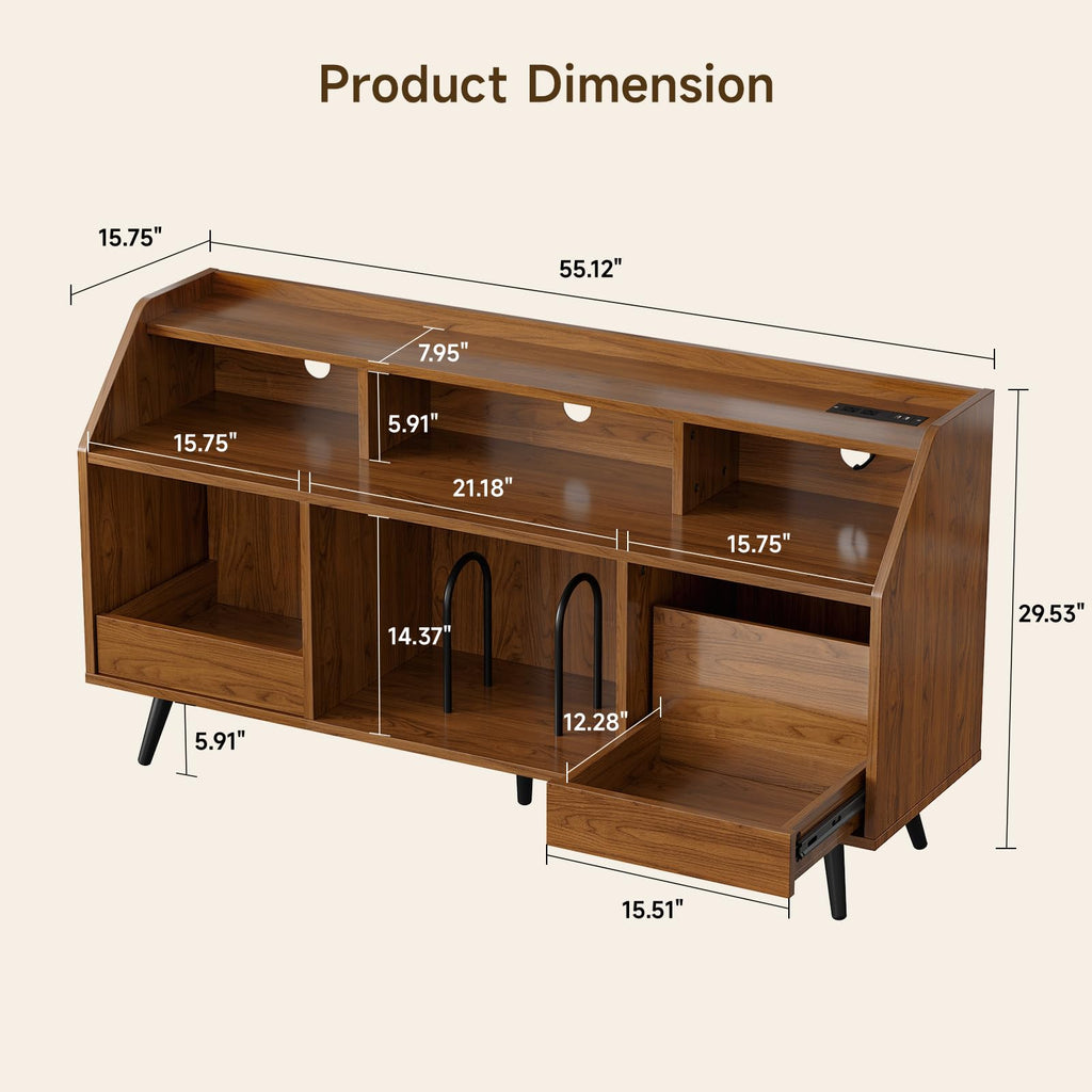 55 Inch Record Player Stand with LED Light, Walnut