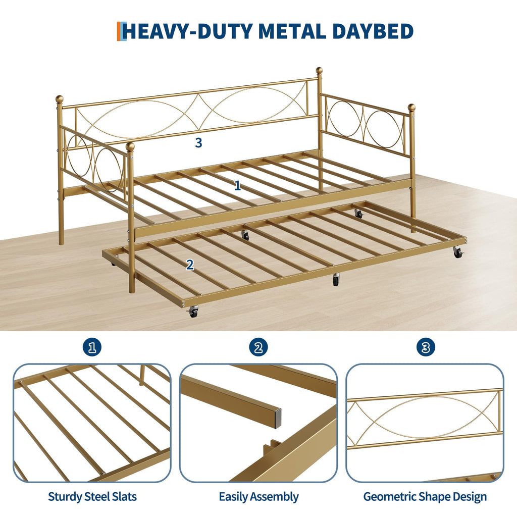Metal Twin daybed with Trundle with Steel Slat Support