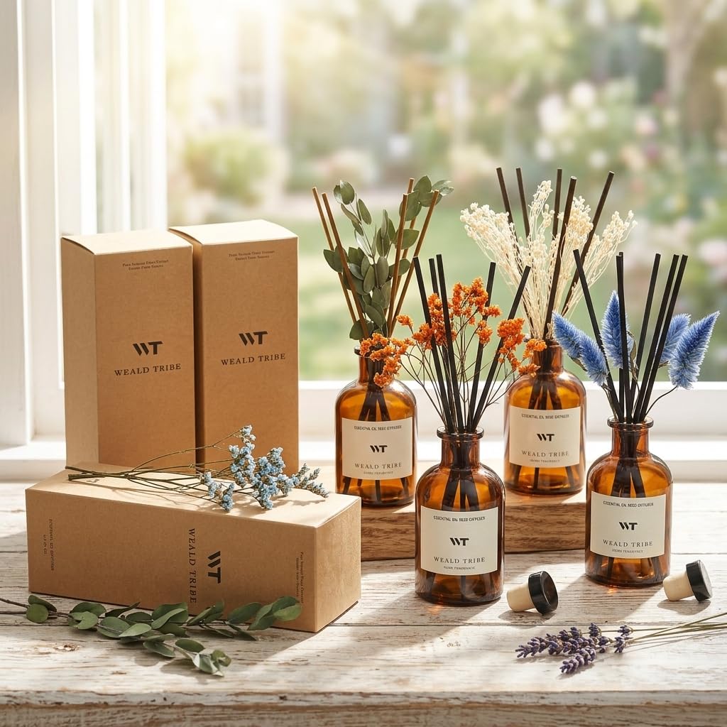 Flower Reed Diffuser Set Eucalyptus & Lavender Scent for Room Bathroom Accessories Shelf Decor & Air Fresheners