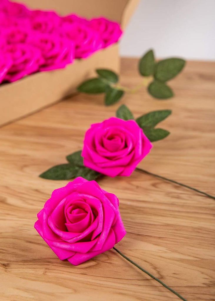 Artificial Flower Foam Hot Pink Rose 50pcs Real Looking Fake Rose with Stems Leaves Decoration Party Garden