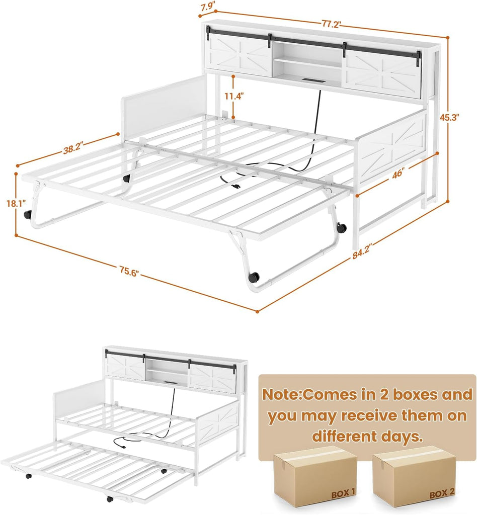 Farmhouse Twin Daybed with Pop-Up Trundle, White | Metal Trundle Bed Frame with Bookcase Headboard, Twin to King