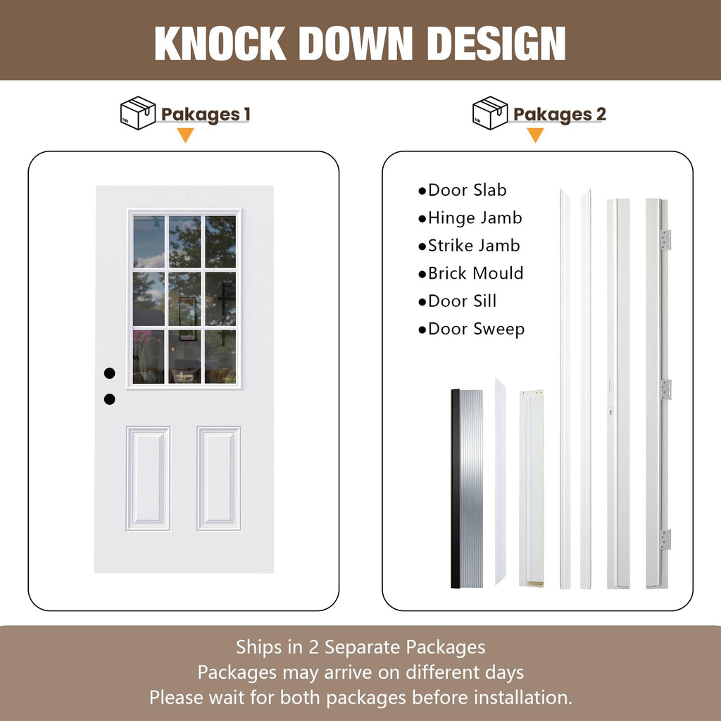 32" x 80" White 9-Lite Fiberglass Entry Door, Right-Hand Inswing