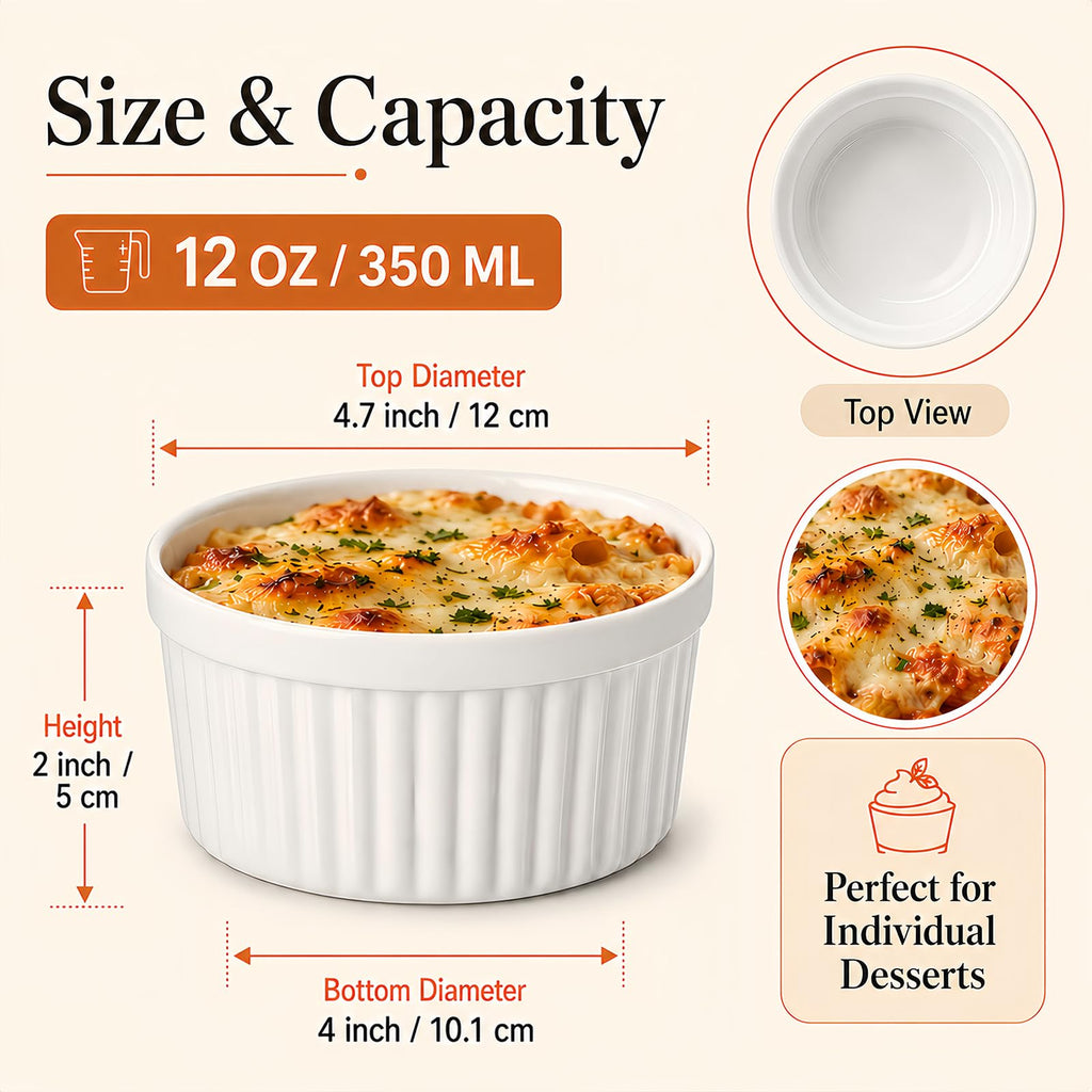 12 oz Oven Safe, 8 Pack Creme Brulee Ramekin Baking Dishes