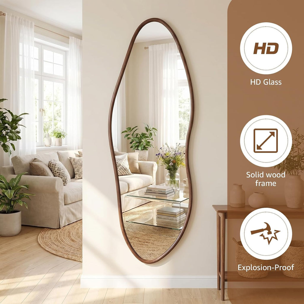 Irregular Full Length Mirror 64"X21", Cloud-Shaped Design with Rounded Oak Hardwood Frame in Black Walnut, Asymmetrical