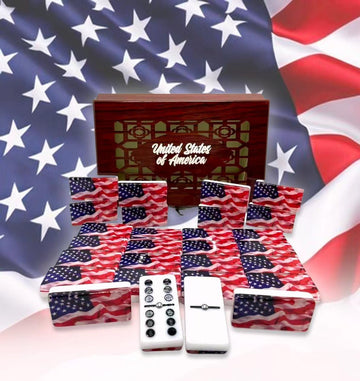 American flag Premium Edition USA Dominoes Set Deluxe - Double Six Domino Tiles with American Flag Design - Resin &