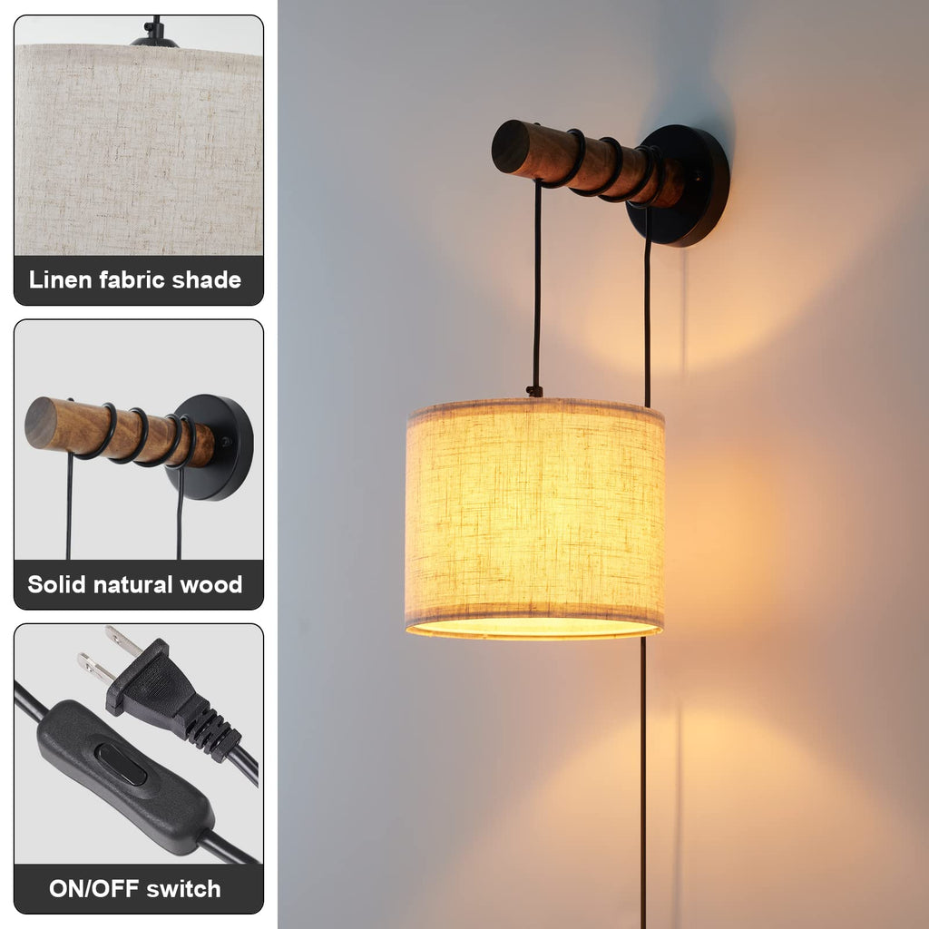 Wall Sconces Set of Two, Plug in Sconces Wall Lighting with Fabric Shade, Farmhouse Wall Lamps with Plug in Cord