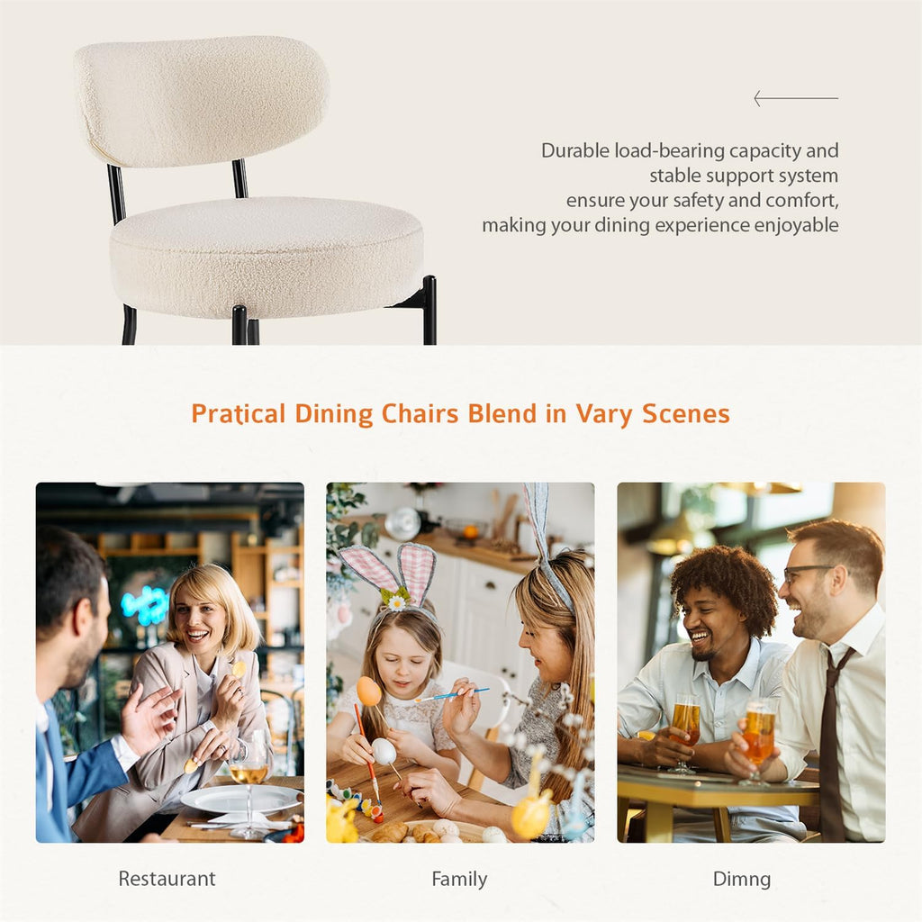 Dining Chairs Set of 2, Mid Century Modern Boucle Upholstered Kitchen Chair with Curved Backrest & Metal Legs for