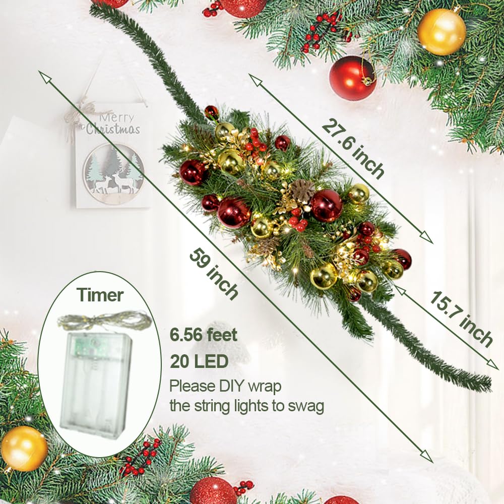 Prelit Christmas Mailbox Swag with Lights - Pine Teardrop Swag Christmas Decoration for Xmas Holiday Indoor/Outdoor