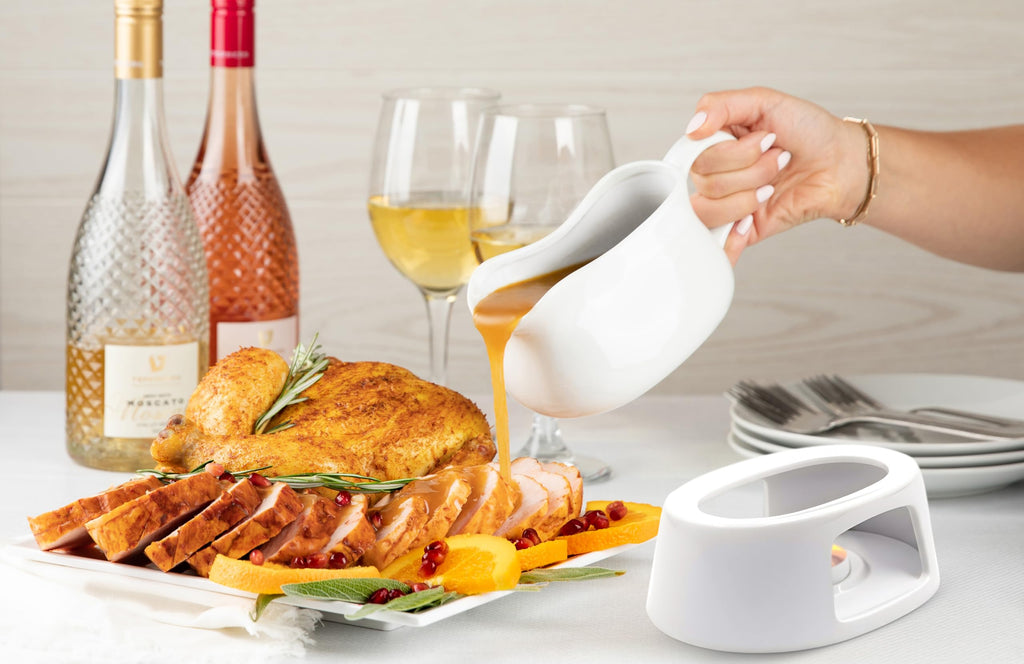 Ceramic Gravy Boat with Warmer, Spill-Free, 17 oz, White