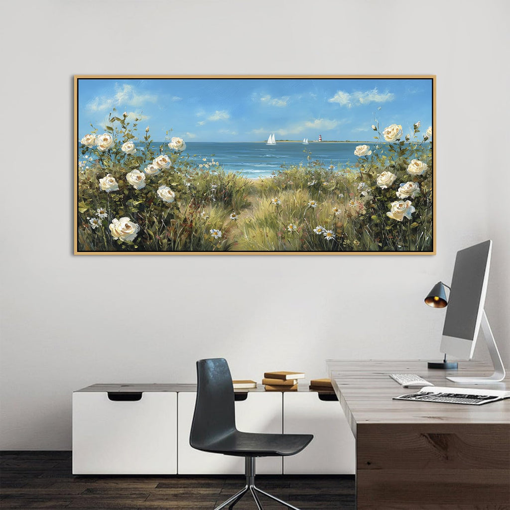 Blue Ocean Wall Art White Flowers Canvas Prints Nautre Coastal Wildflowers Pictures Beach Floral Painting Poster