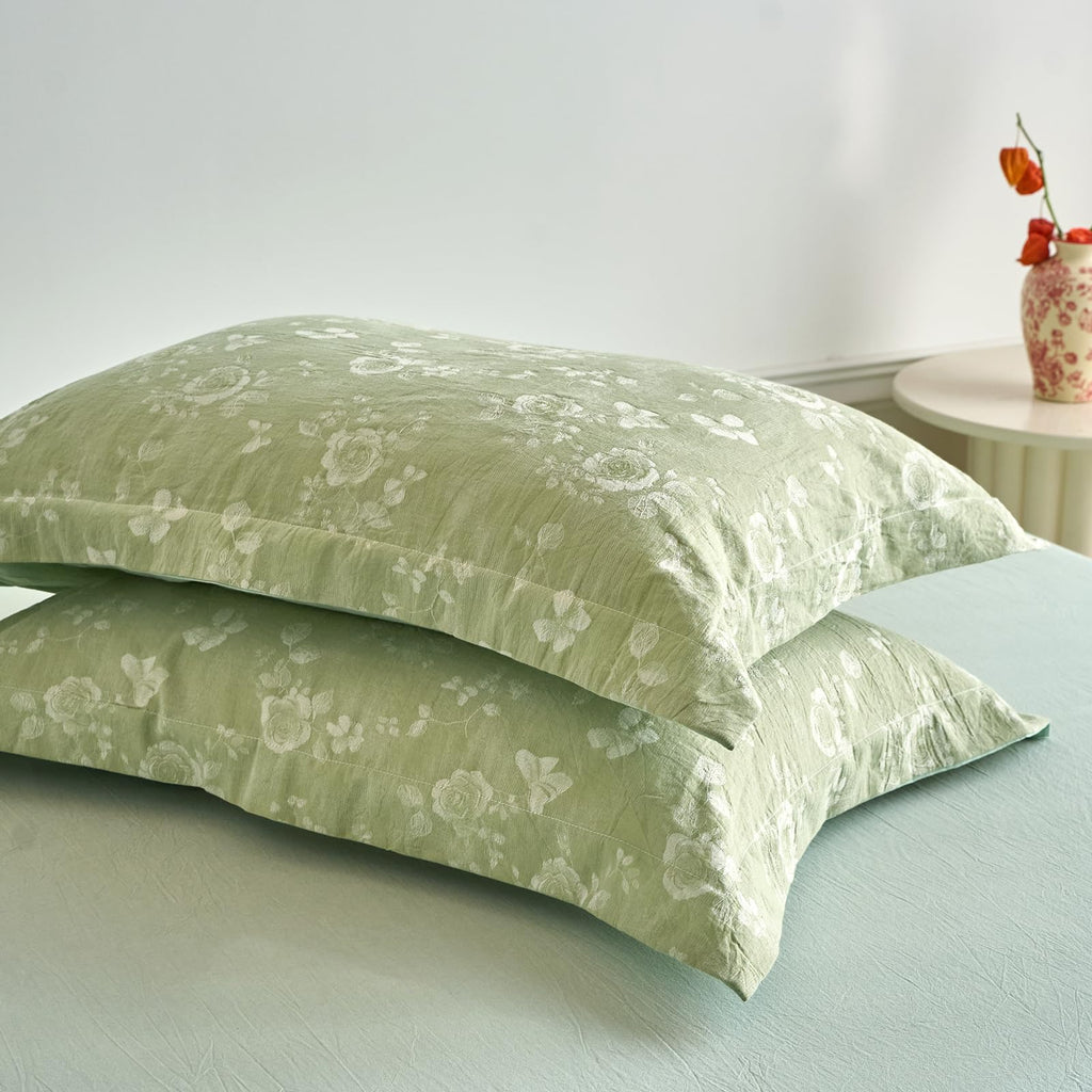 100% Washed Cotton Cover Set, Reversible Vintage Green Floral Butterfly Jacquard Textured Comforter Cover, Boho