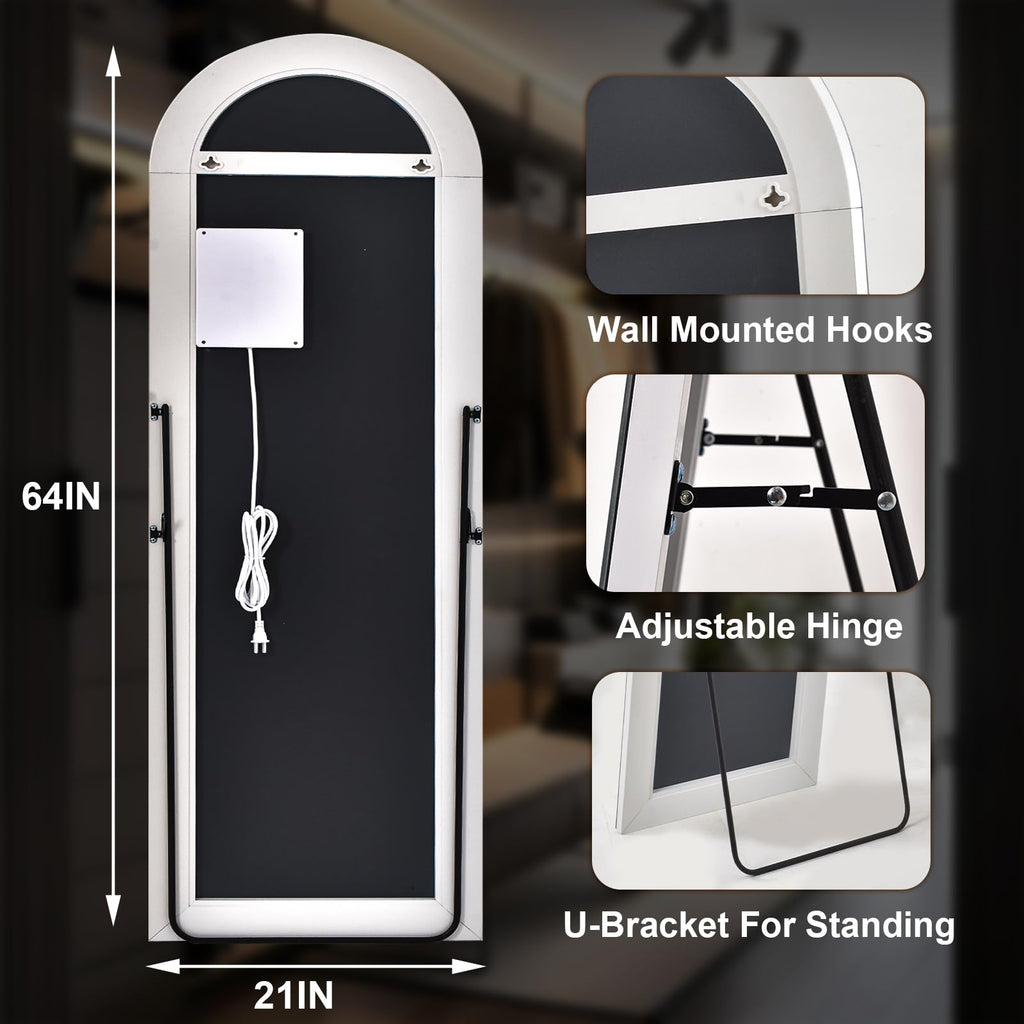 LED White Arched Full Length Mirror - 21" x 64" Adjustable Brightness, Touch Screen Controls, Wall Mounted or