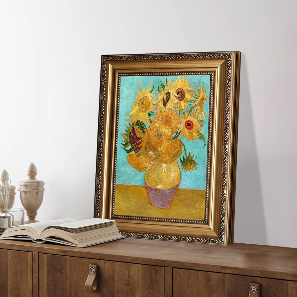Van Gogh Wall Art Framed, Vintage Van Gogh Sunflowers Art Print, Impressionist Floral Painting, Vintage Teal Gold