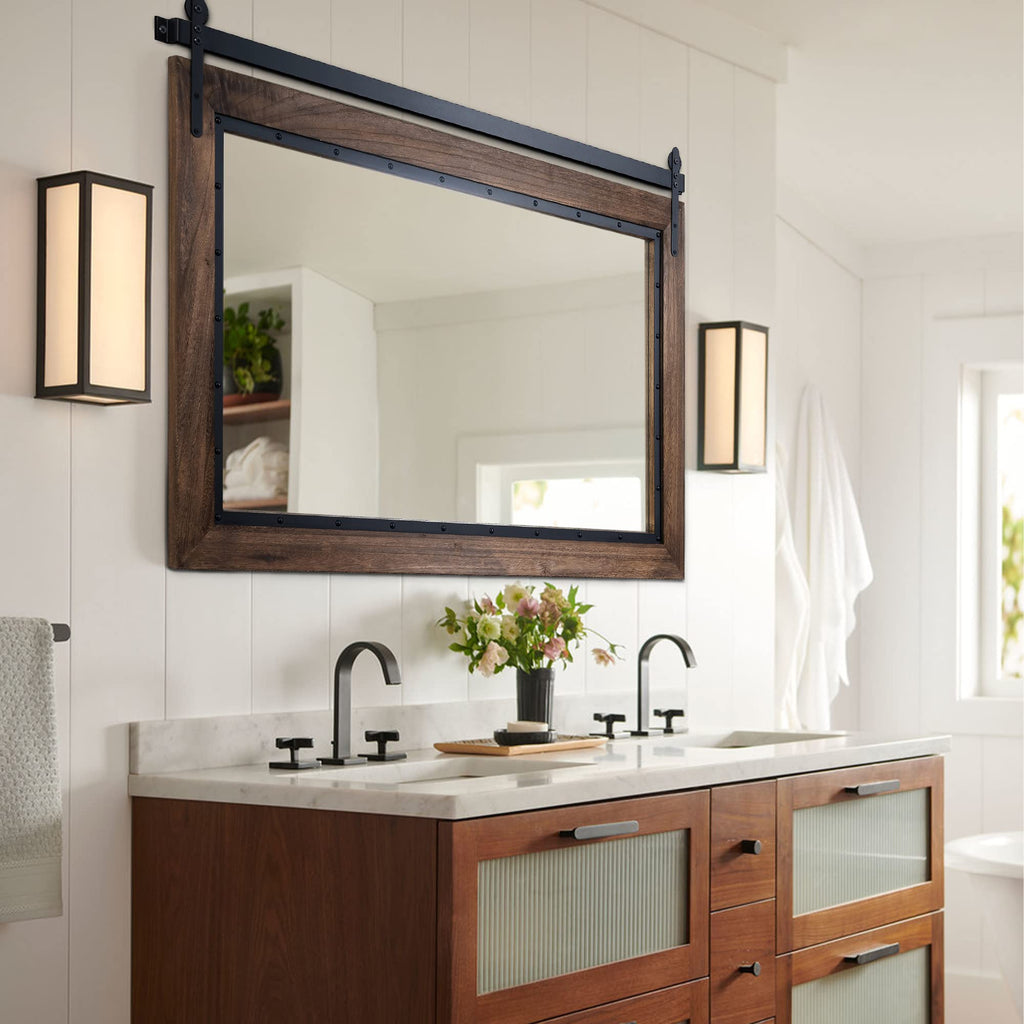 Farmhouse Barn Door Mirror, 48"x30" Rustic Bathroom Mirror, Wood Frame Wall Mirror, Wooden Mirror Bedroom Entryway