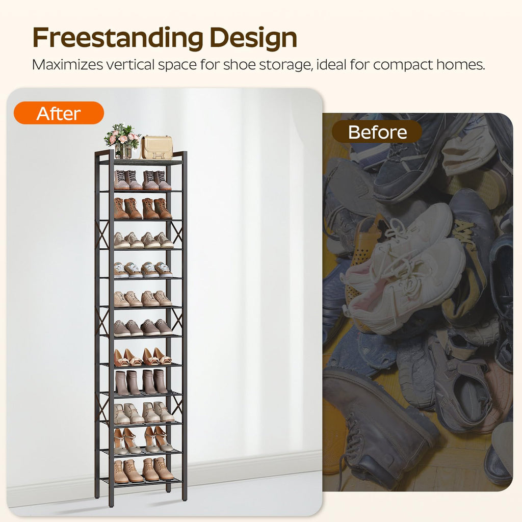 12-Tier Narrow Shoe Rack, Tall Shoe Rack for 12-24 Pairs, Slim Shoe Storage Organizer with Wooden Top, Space Saving