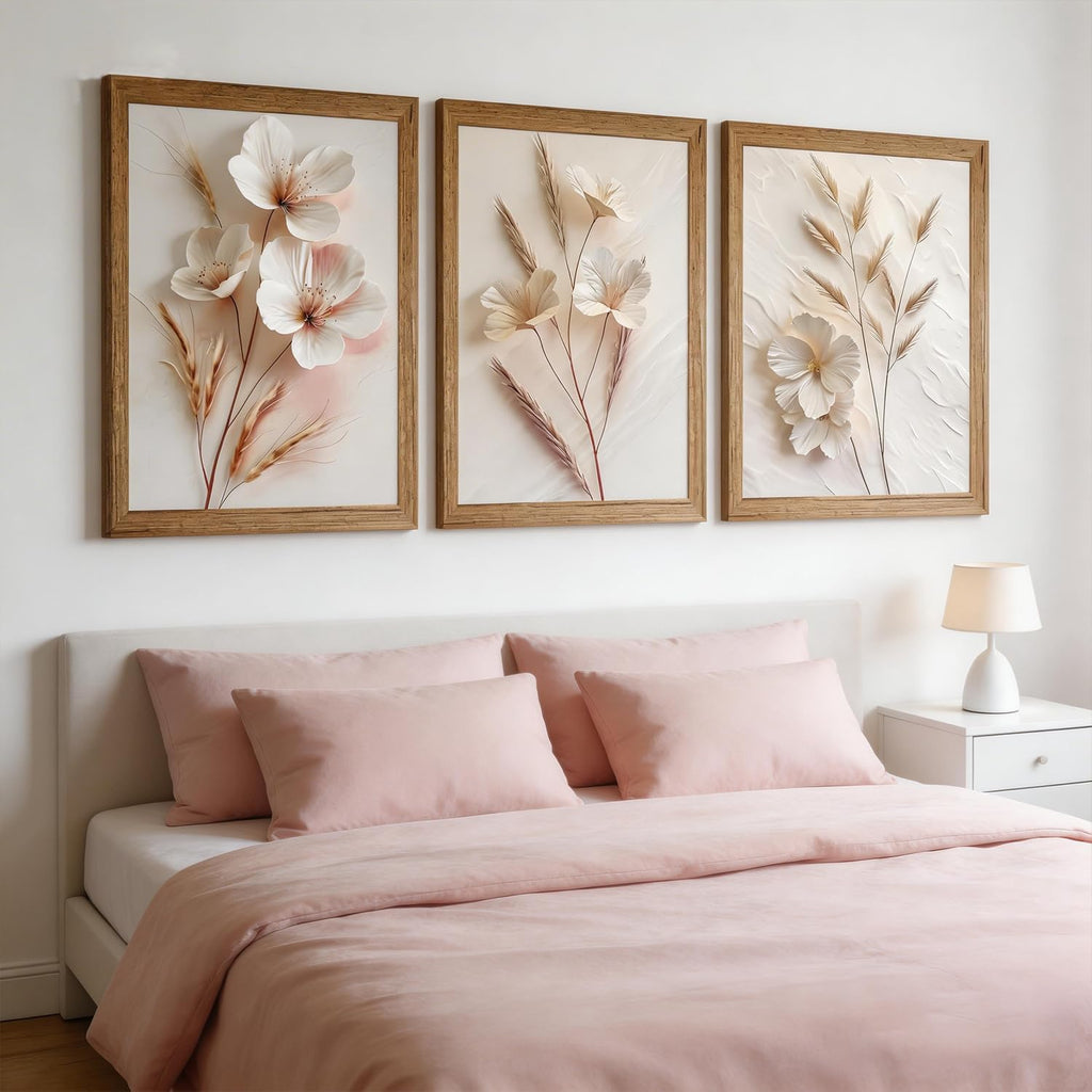 Neutral Beige Floral Canvas Wall Art Set of 3 Beige Botanical Paintings Pictures Minimalist Flower Prints Artwork