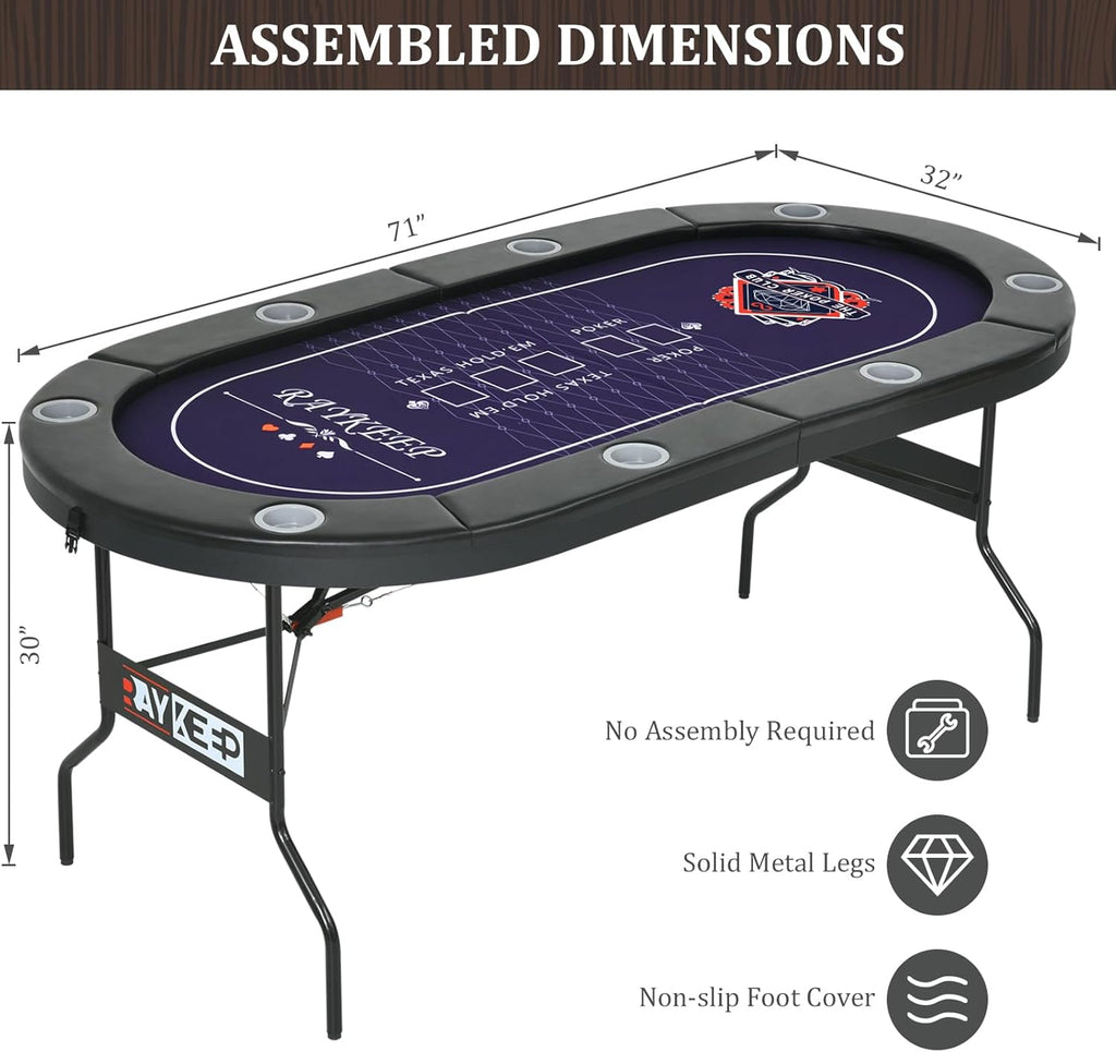 71 Inch Poker Table Foldable, 8 Player Folding Poker Tables w/Collapsible Legs, Casino Grade Felt, Padded Rails and