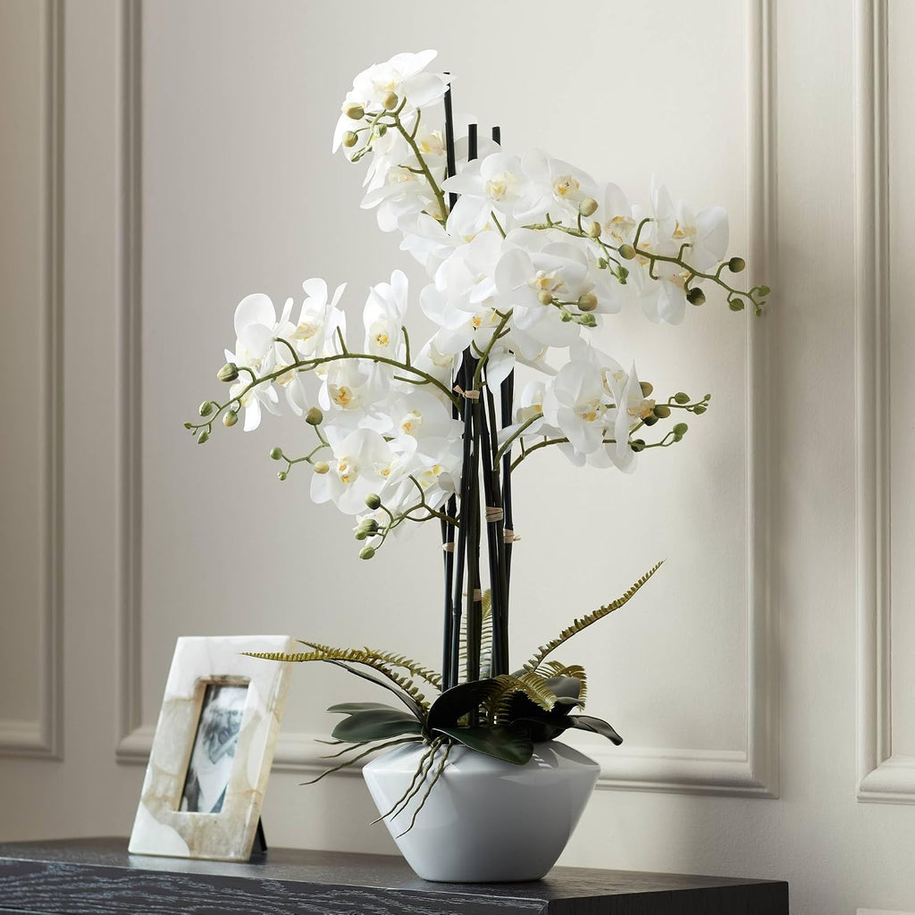 Potted Faux Artificial Flowers Arrangements Realistic White Phalaenopsis Orchid in White Ceramic Pot Decoration