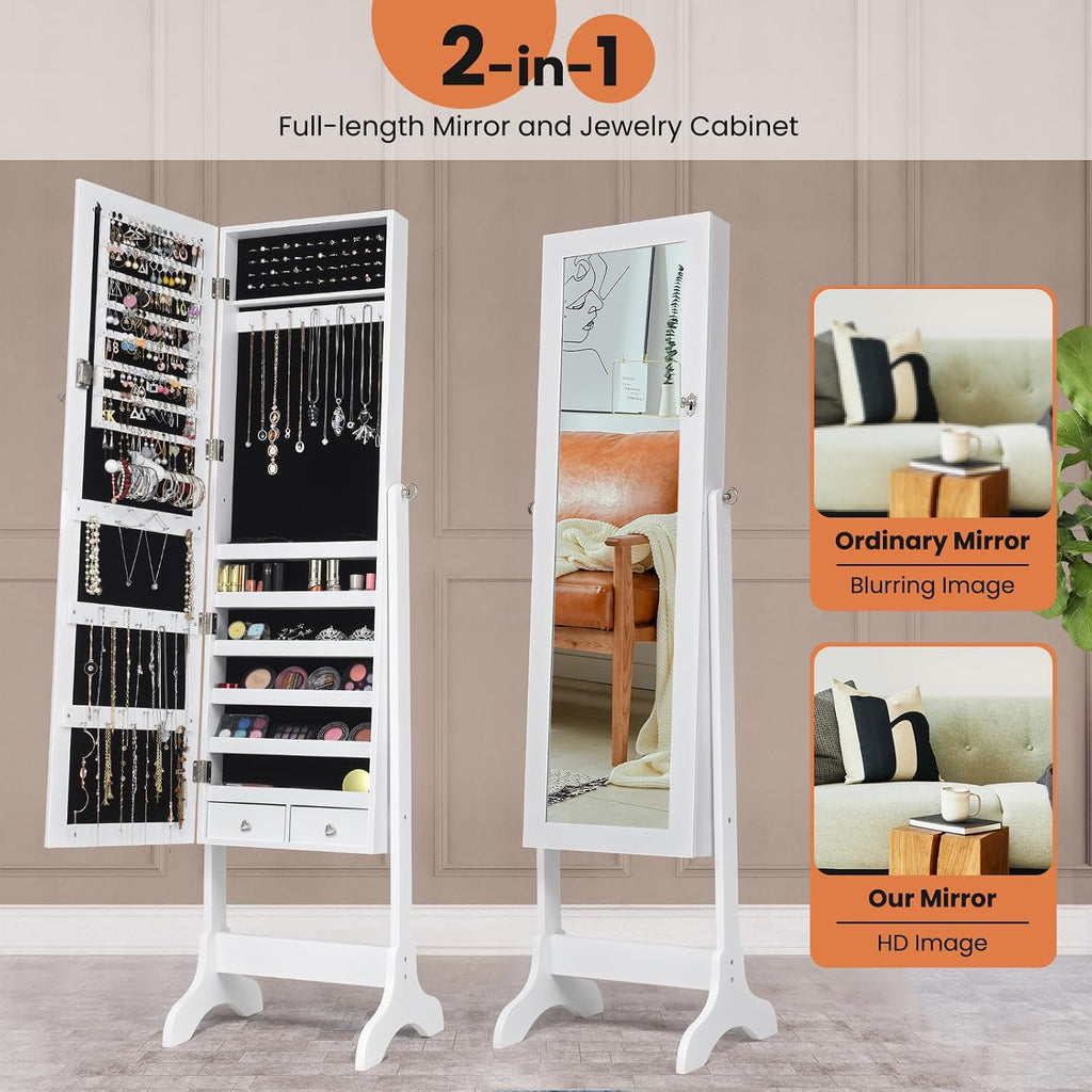 Standing Mirrored Jewelry Box, Jewelry Armoire Storage Organizer Large Capacity, Wooden Mirror Jewelry Cabinet, 4