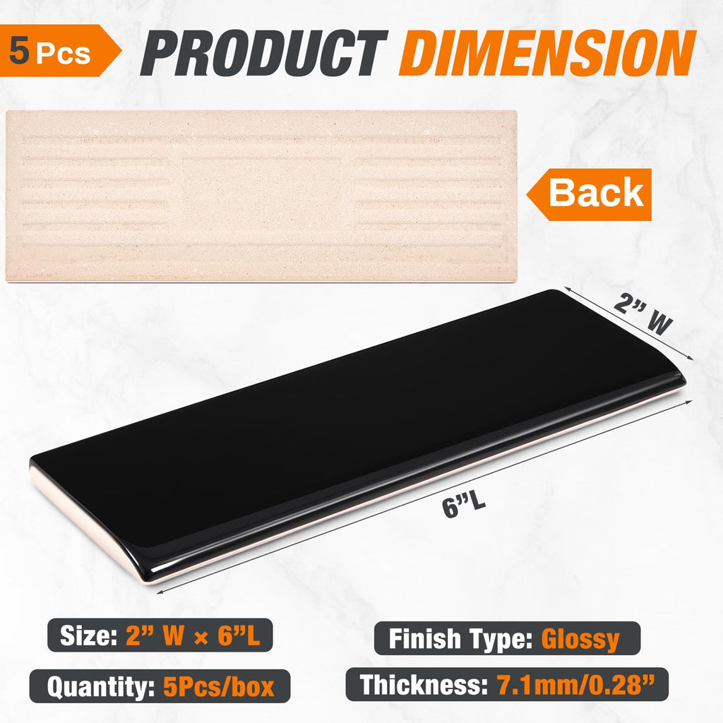 5 Pcs 40 Bullnose Trim 2 x 6 in Ceramic, Single Round Edge, Black