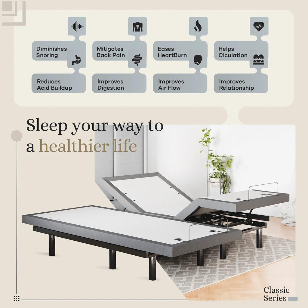 Classic Adjustable Bed Base, Head and Foot Lift, Massage, Under-Bed Lights, USB, Memory, Zero Gravity Smart Frame