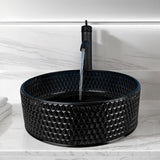 Black Crystal Vessel Sink with Faucet and Drain Set 16 Inch Round Tempered Glass Basin Bowl Diamond Shaped Bathroom
