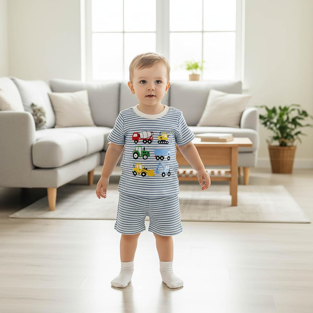 Toddler Baby Boy Summer Clothes Waffle Truck Embroidery Short Sleeve Tops T-Shirt and Shorts Sets Cute 2Pcs Outfits