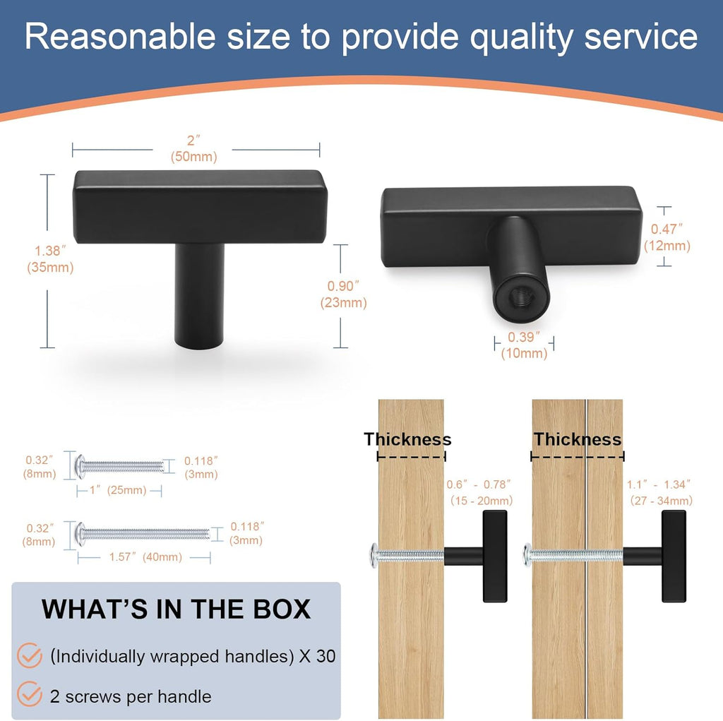 30 Pack Square Cabinet Knobs Matte Black Drawer Knobs 2" Length, Single Hole Kitchen Knobs Pulls, Stainless Steel