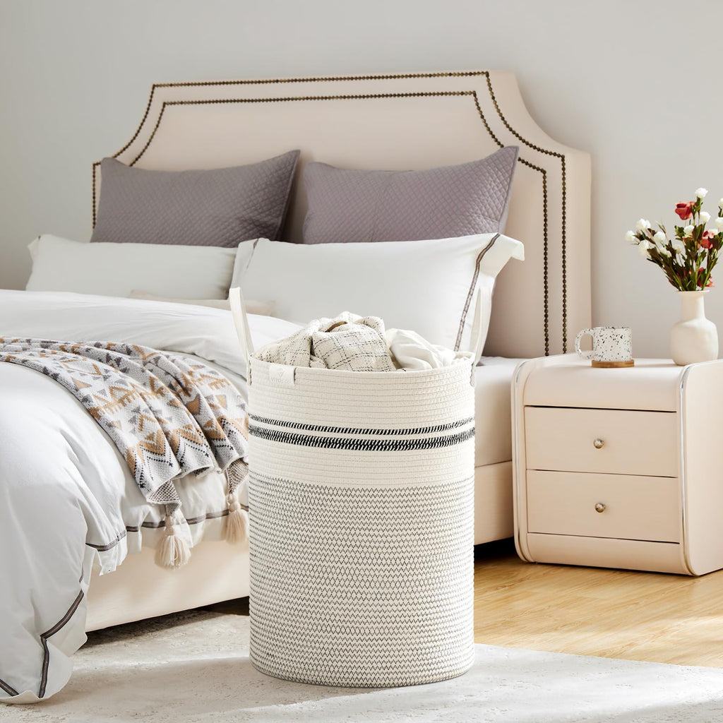 72L Tall Woven Rope Laundry Hamper, Leather Handles, Stripe White