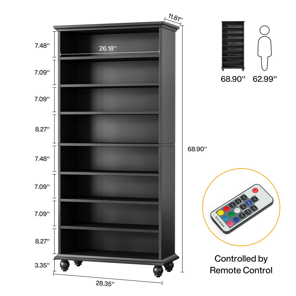 Narrow Tall Shoe Cabinet with LED Lighting, 9-Tier 30 Pairs Freestanding Shoes Storage Cabinet, Wood Shoe Organizer