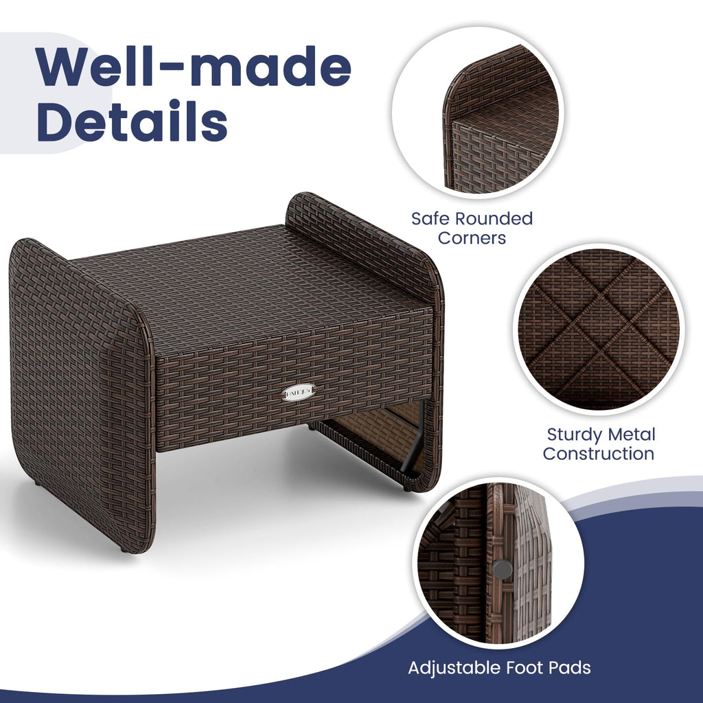 2 Pieces Patio PE Wicker Ottomans with Removable Cushions, Multipurpose Outdoor Furniture for Additional Seating
