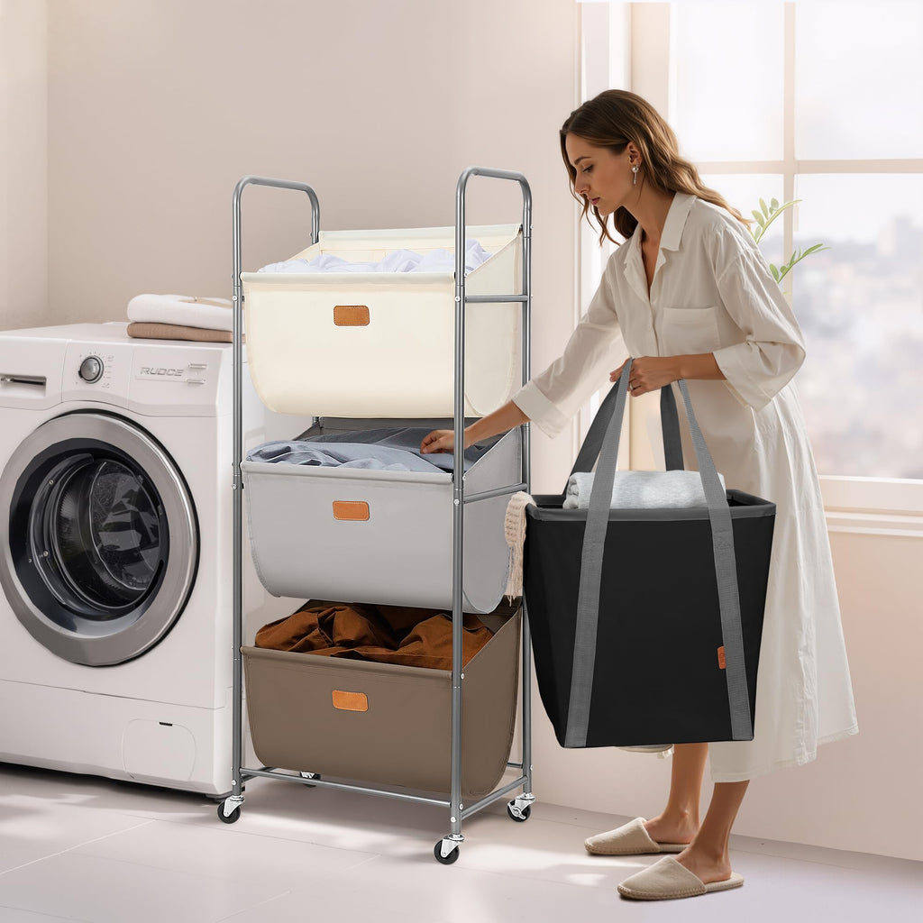 120 Liters Vertical Rolling Laundry Hamper, 3 Section Laundry Sorter with Wheels and 2 Breaks, 3-tier Laundry Baskets