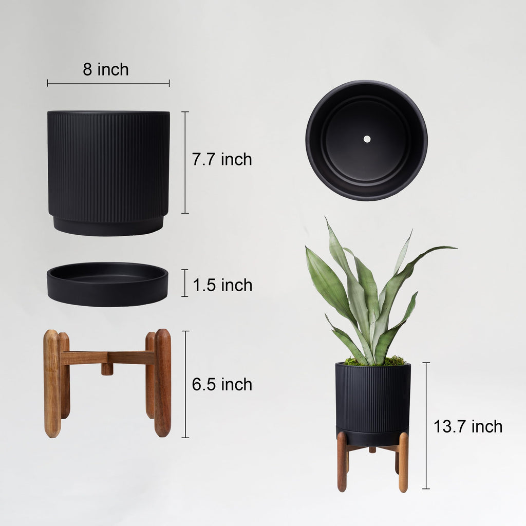 8 Inch Ceramic Planter with Natural Wood Stand w/Drainage & Saucer - Modern Indoor Planter for Cacti, Snake Plants &