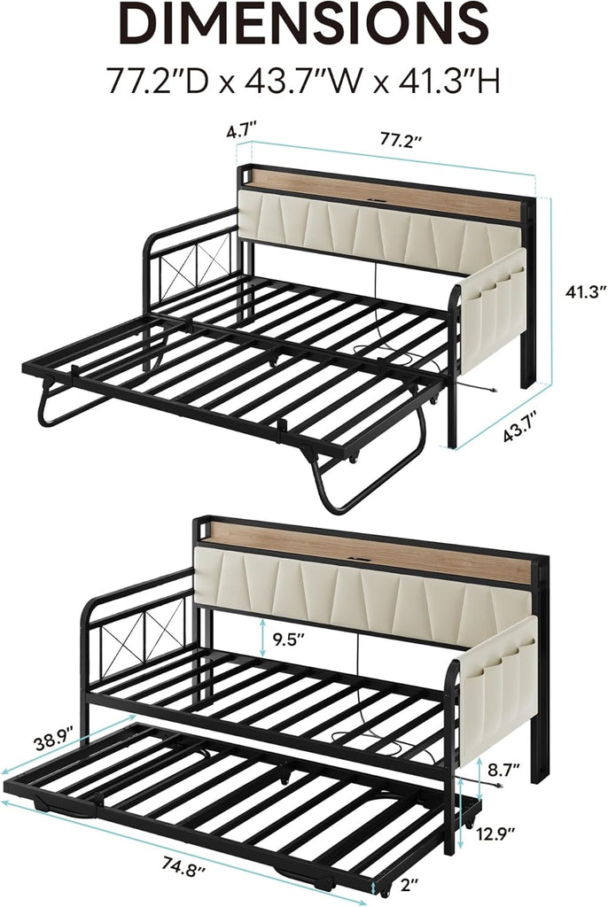 Twin Daybed, Day Bed Frame with Pop Up Trundle, Wood/Beige | Pop Up Trundle Bed with Smooth Wheels, Charging Station