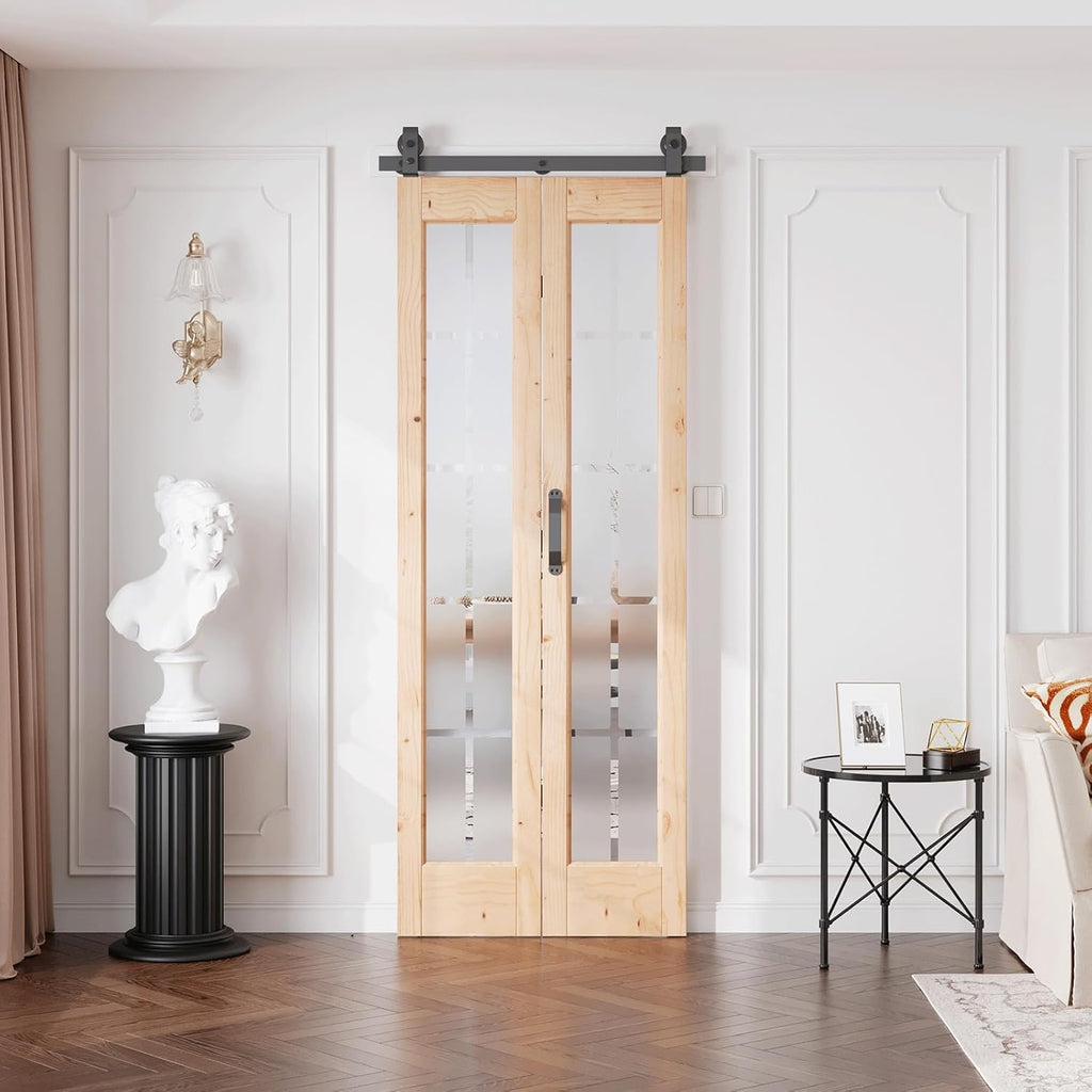 Preassembled Bifold Barn Door 30 x 84 in (Double 15x84in) with Bi-fold Door Hardware Kit, Frosted Gl