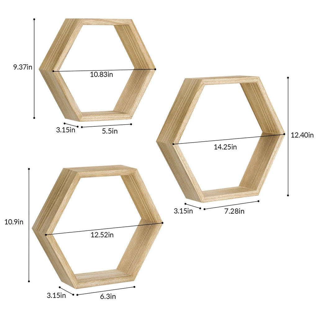Hexagon Floating Shelves Set of 6, Honeycomb Wall Shelf, Light Brown