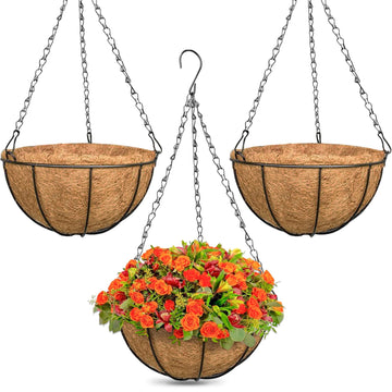 3 Pack 12 Inch Outdoor Hanging Baskets, Metal Wire Hanging Planters with Coconut Liners, Round Hanging Baskets for