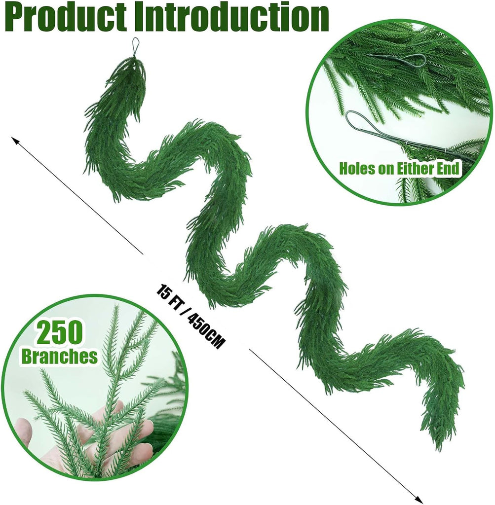 Extra Full: 15FT Christmas Norfolk Pine Garland, Greenery Real Touch Decorations for Mantle Table Staircase Fireplace