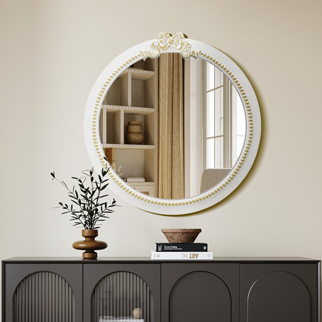 Vintage Round Bow Mirror: 28inch Farmhouse Bathroom Mirror with White Wooden Framed for Wall Decor - Traditional