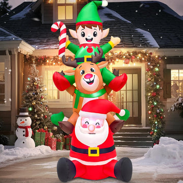 6FT Tall Christmas Inflatable Outdoor Decorations, Blow up Yard Decoration Outdoor, Santa Claus with Reindeer & Elf