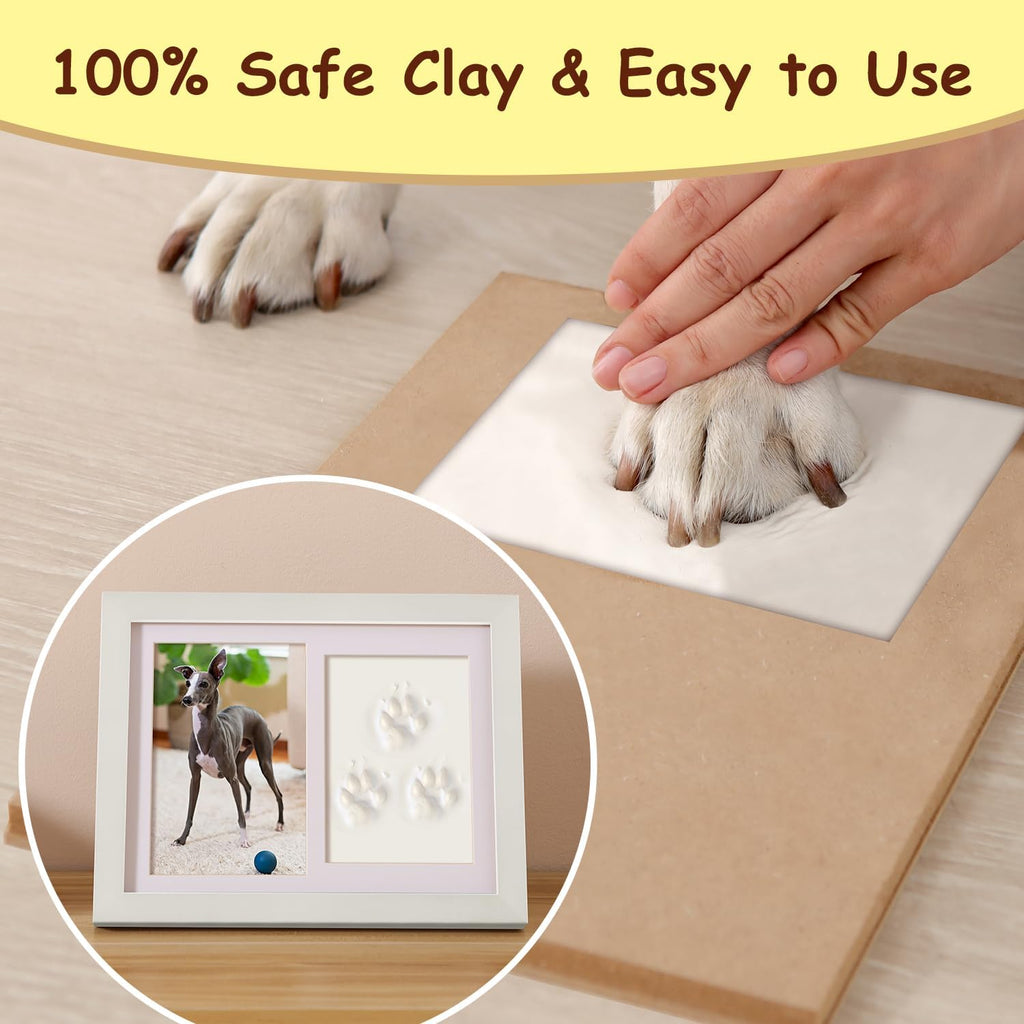 Pet Memorial Frame for Dogs and Cats, Pet Paw Print Photo Frame with Clay Imprint Kit, Pawprint Making Kit and Photo