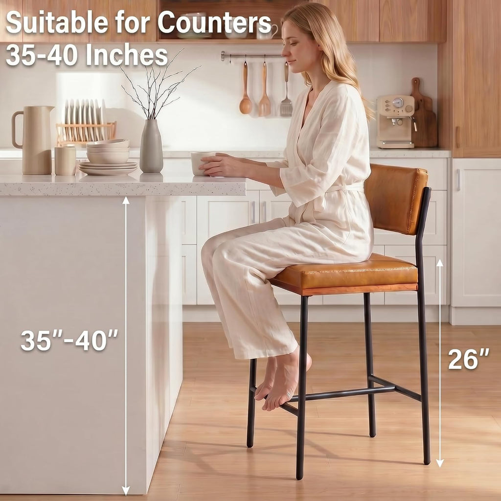 Faux Leather Bar Stools Set of 3,26 Inch Modern Counter Height Bar Stools Island,Counter Stools with Wide Back Sturdy