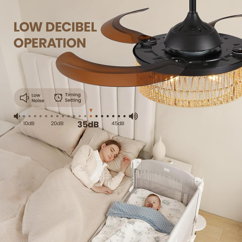48 Inch Retractable Ceiling Fans with Lights and Remote, Boho Caged Farmhouse Ceiling Fan, Invisible Rattan Fandelier