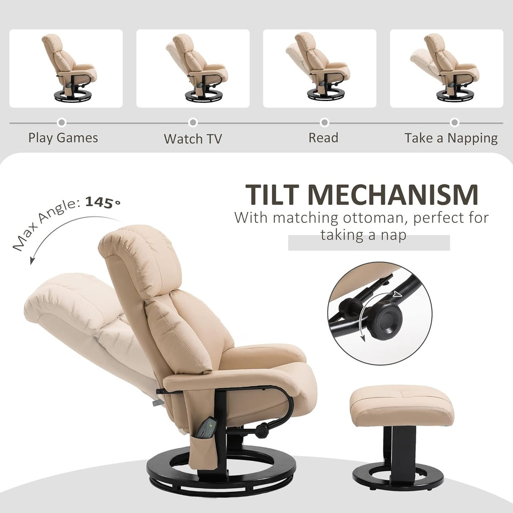 Modern Reclining Swivel Lounge Chair and Ottoman — Beige PU Leather